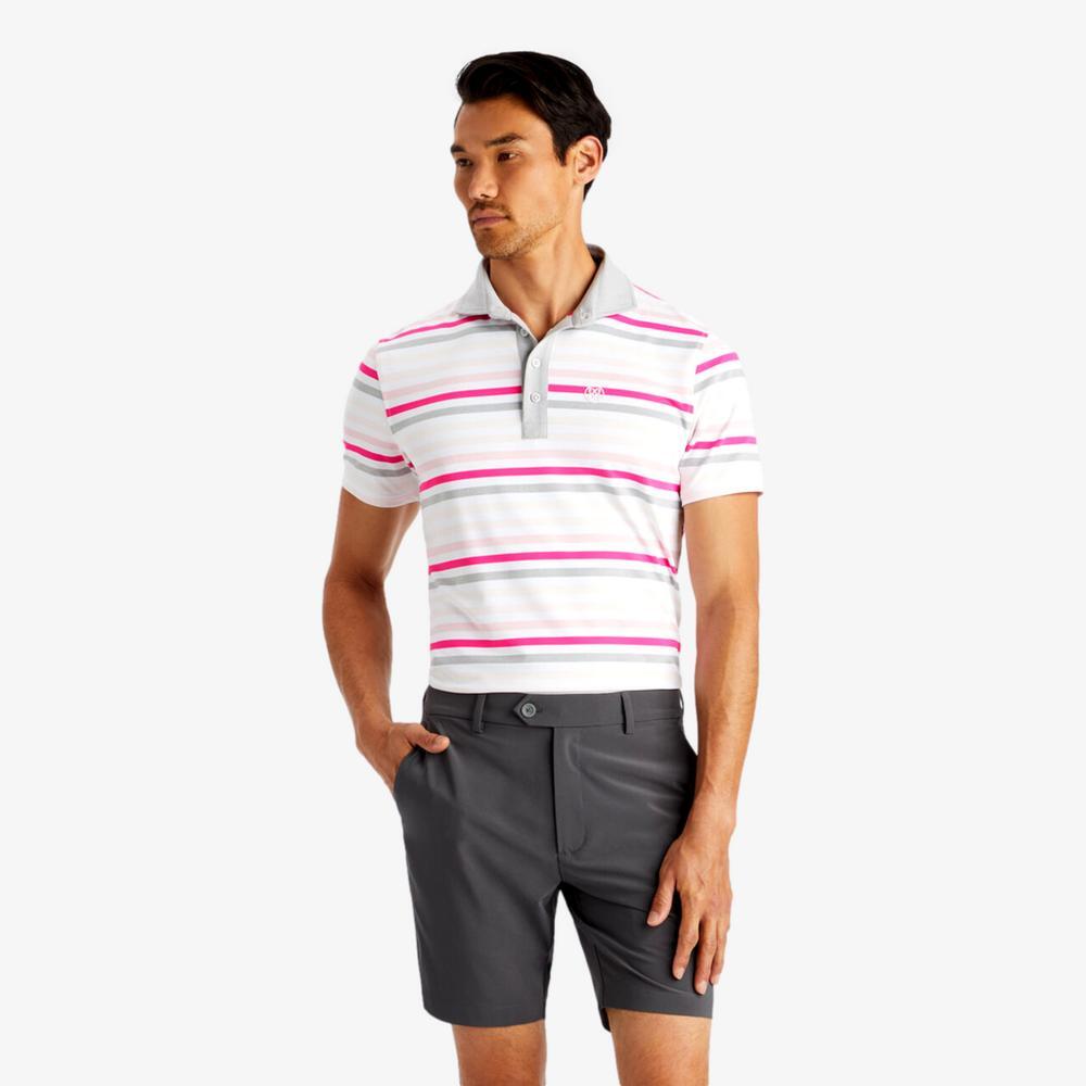 G/FORE Men's Favourite Stripe Tech Jersey Golf Polo Shirt Pink White Gray